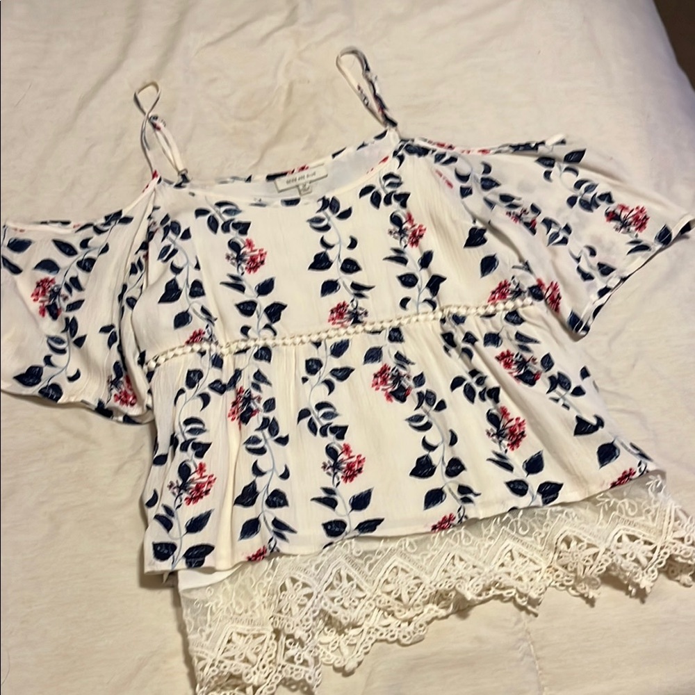 Skies Are Blue Ruffled Peplum Blouse White Cream
